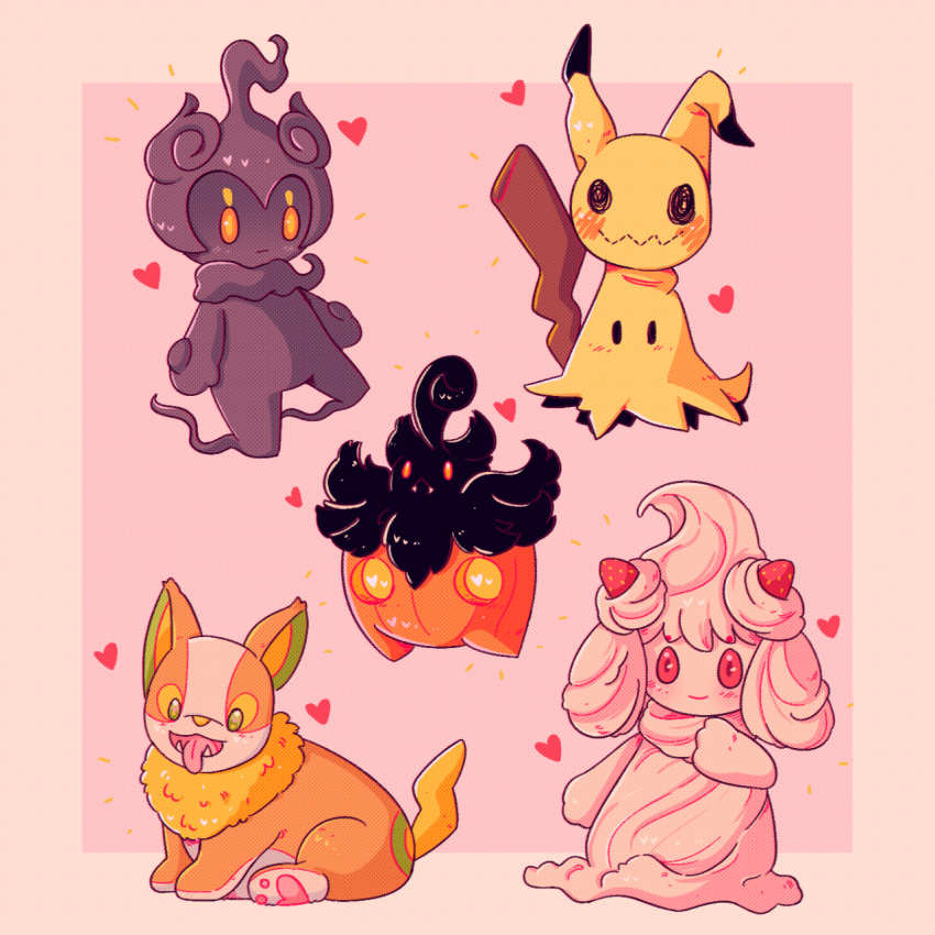 alcremie commentary creature dog english_commentary fangs food fruit full_body gen_6_pokemon gen_7_pokemon gen_8_pokemon heart highres lavenderhomo looking_at_viewer marshadow marshadow_(gloom) mimikyu no_humans pink_background pokemon pokemon_(creature) pumpkaboo simple_background standing standing_on_one_leg strawberry yamper
