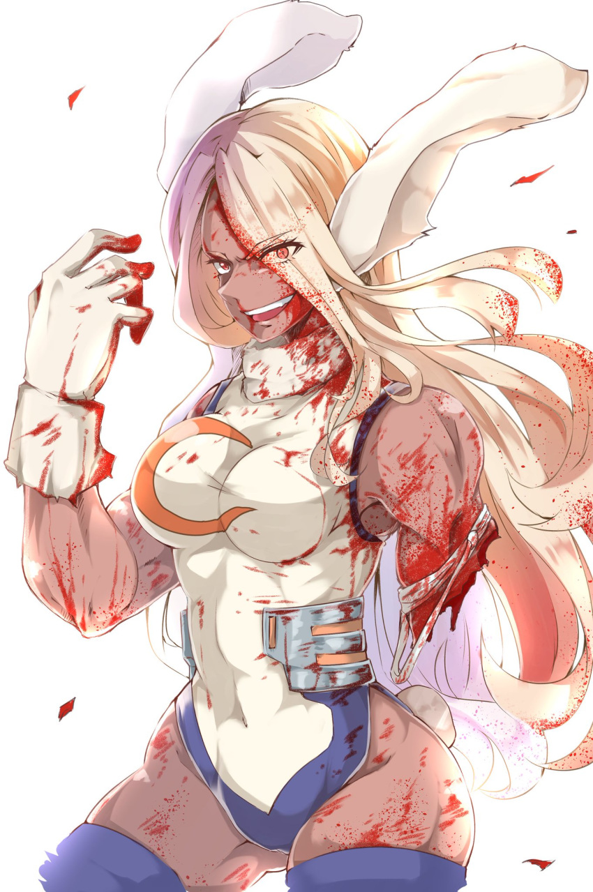 1girl amputee animal_ears ass_visible_through_thighs bare_arms bare_shoulders blonde_hair blood blood_on_face blood_splatter bloody_clothes boku_no_hero_academia bunny_tail covered_navel dark_skin dark-skinned_female eyebrows_visible_through_hair eyes_visible_through_hair floating_hair gloves hand_up highleg highleg_leotard highres injury leotard long_hair looking_at_viewer mirko missing_limb muscular muscular_female nosebleed open_mouth rabbit_ears rabbit_girl shinonome_mozuku smile solo spoilers tail thigh-highs v-shaped_eyebrows