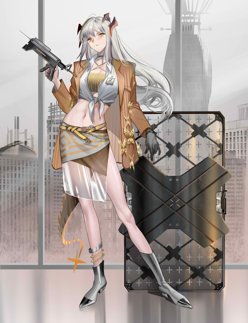 1girl absurdres alternate_costume anklet arknights bandeau bangs bare_legs belt black_choker black_gloves blazer boots brown_eyes brown_jacket choker clouds cloudy_sky criss-cross_halter crop_top eyebrows_visible_through_hair front-tie_top full_body gloves grey_footwear gun halterneck hand_up head_tilt highres holding holding_gun holding_weapon horns indoors jacket jewelry long_hair long_sleeves looking_at_viewer midriff miniskirt nail_polish navel purple_nails saria_(arknights) shield shirt silver_hair single_glove skirt sky solo standing stomach tail thighs tied_shirt weapon white_shirt window wuguigui