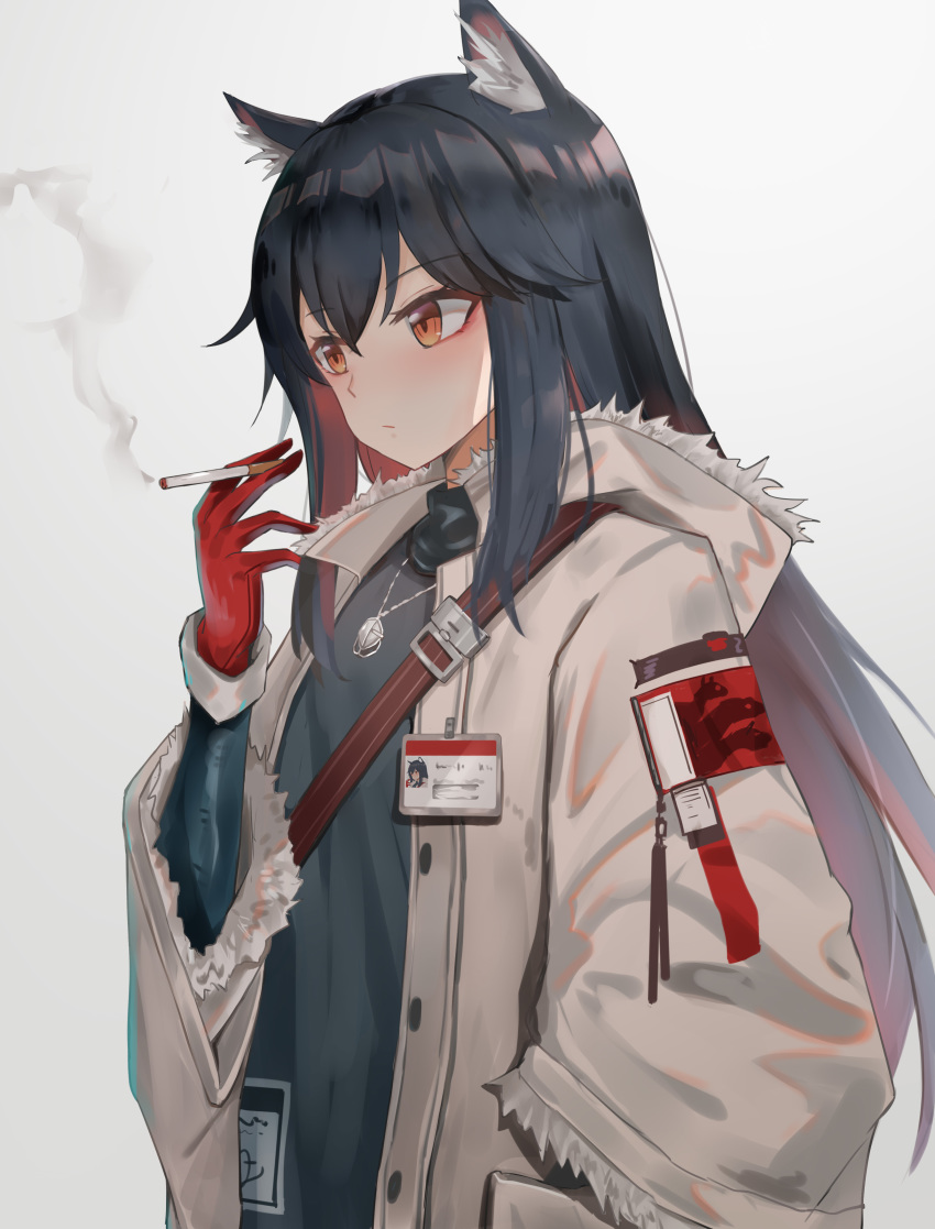 1girl absurdres animal_ears arknights bangs black_hair black_shirt cigarette closed_mouth coat commentary_request eyebrows_visible_through_hair fur-trimmed_sleeves fur_trim gloves gradient_hair grey_coat hand_in_pocket highres holding holding_cigarette id_card jewelry koi0806 long_hair long_sleeves looking_away multicolored_hair necklace open_clothes open_coat orange_eyes red_gloves redhead shirt sidelocks smoke solo texas_(arknights) unbuttoned upper_body very_long_hair