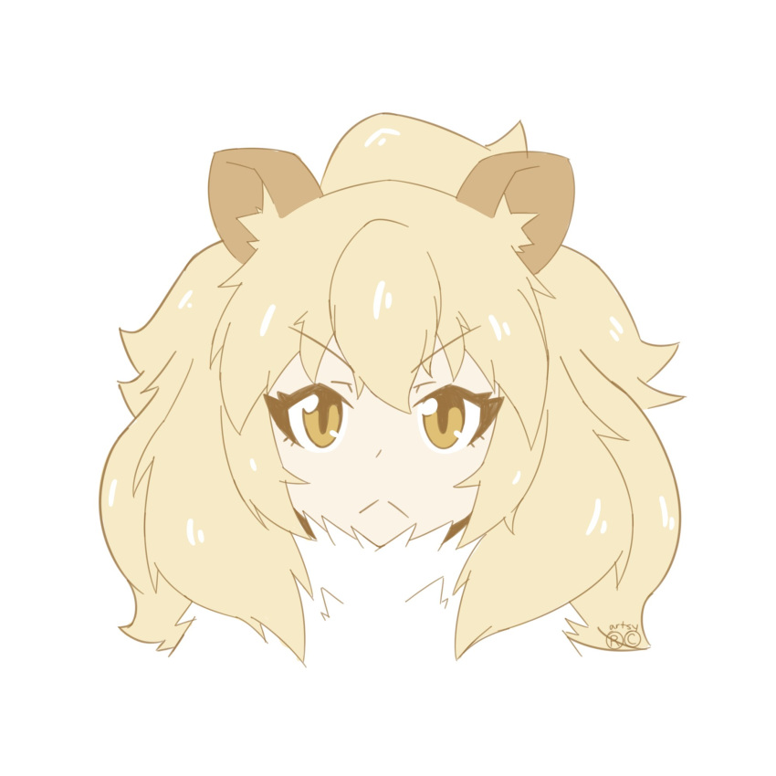 1girl :&lt; animal_ears artsy-rc big_hair blonde_hair closed_mouth commentary english_commentary eyebrows_visible_through_hair fur_collar highres kemono_friends lion_(kemono_friends) lion_ears looking_at_viewer medium_hair portrait signature simple_background solo white_background yellow_eyes