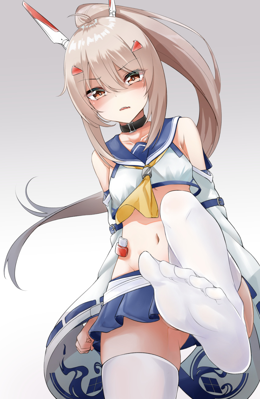 1girl absurdres ass_visible_through_thighs ayanami_(azur_lane) azur_lane bare_shoulders benedia black_choker blue_sailor_collar blue_skirt brown_hair choker collarbone convenient_leg cowboy_shot crop_top crop_top_overhang eyebrows_visible_through_hair fang feet floating_hair from_below frown gradient gradient_background grey_background hair_between_eyes hair_ornament headgear high_ponytail highres long_hair long_sleeves midriff miniskirt navel no_panties no_shoes ponytail red_eyes retrofit_(azur_lane) revision sailor_collar shaded_face shirt skirt solo standing standing_on_one_leg thigh-highs very_long_hair white_legwear white_shirt wide_sleeves yellow_neckwear