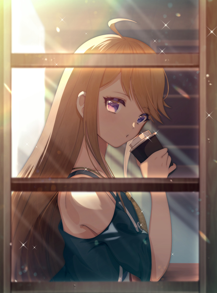1girl ahoge bangs black_shirt blonde_hair bra_strap can from_outside highres holding holding_can idolmaster idolmaster_million_live! idolmaster_million_live!_theater_days jugemu_(qqkyon) long_hair looking_at_viewer off-shoulder_shirt off_shoulder shirt solo sparkle straight_hair sunlight swept_bangs tokoro_megumi upper_body very_long_hair violet_eyes