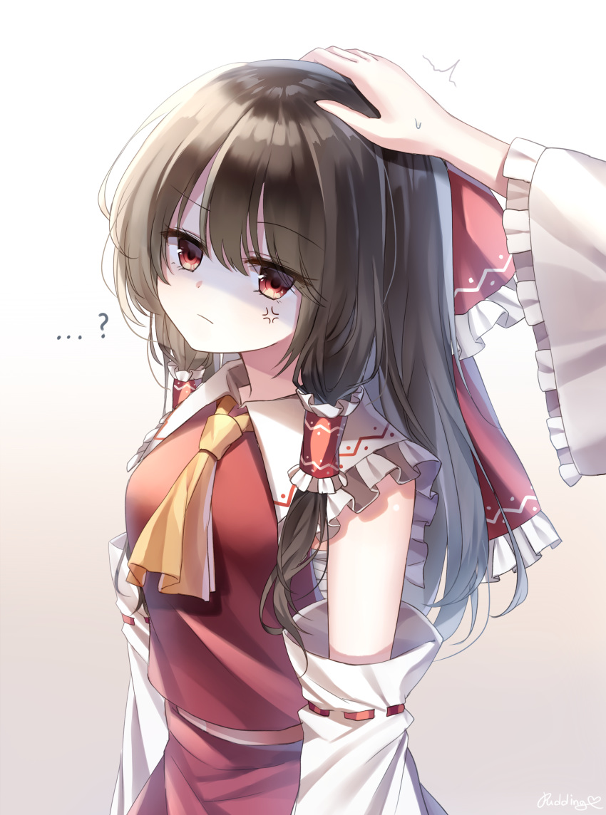 ...? 1girl absurdres anger_vein artist_name ascot bangs bare_shoulders black_hair bow breasts brown_eyes commentary_request detached_sleeves eyebrows_visible_through_hair frilled_bow frilled_shirt_collar frills gradient gradient_background grey_background hair_between_eyes hair_bow hair_tubes hakurei_reimu head_tilt highres long_hair long_sleeves looking_at_viewer midriff_peek petting pudding_(skymint_028) red_bow red_skirt sarashi shaded_face sidelocks signature skirt skirt_set small_breasts solo_focus touhou upper_body white_background wide_sleeves yellow_neckwear