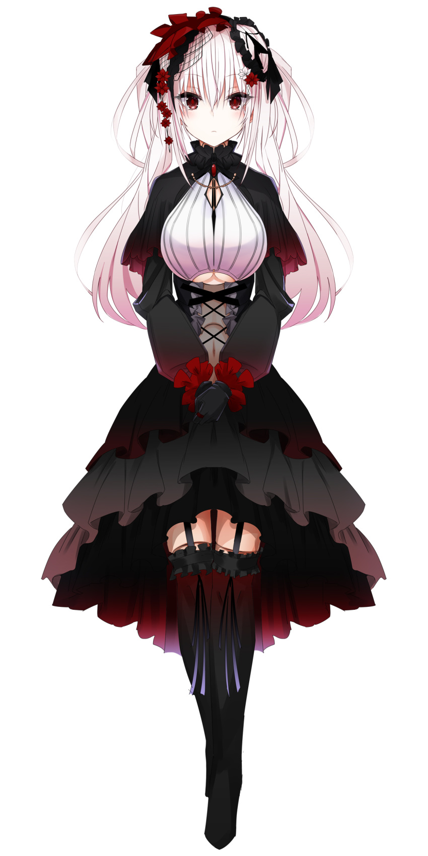 1girl absurdres april_fools bangs black_dress black_gloves black_legwear blush breasts commentary doll_joints dress full_body garter_straps gloves gradient_hair highres large_breasts long_hair looking_at_viewer multicolored_hair navel original pink_hair red_eyes sera_makina simple_background solo thigh-highs twintails under_boob vane virtual_youtuber white_background white_hair