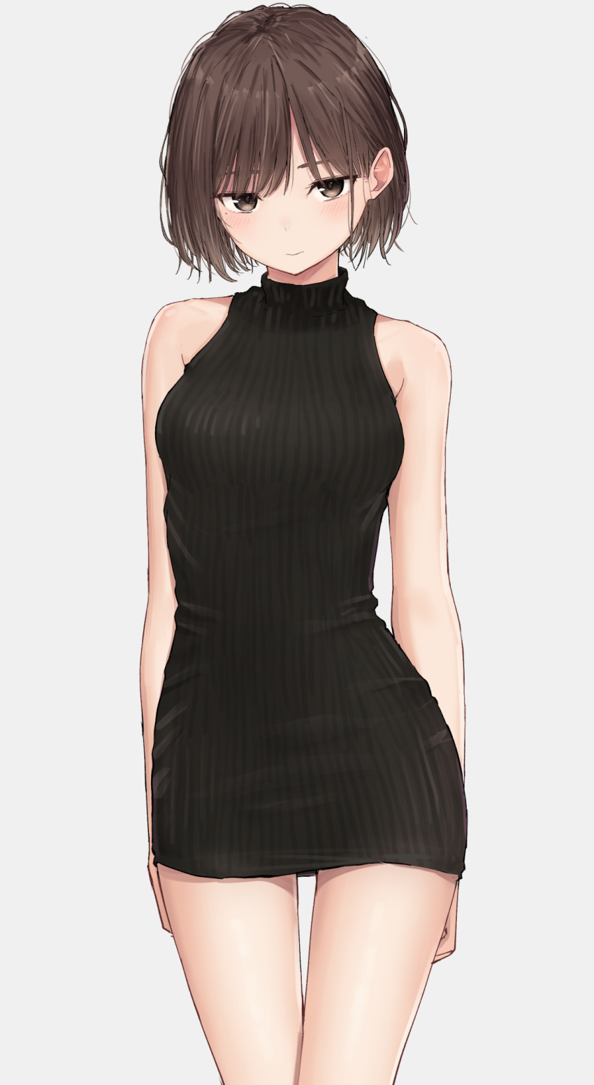 1girl arms_behind_back bangs bare_arms bare_shoulders black_dress black_sweater blush breasts commentary cowboy_shot dress highres looking_at_viewer medium_breasts original pencil_dress ribbed_sweater short_hair simple_background sleeveless_sweater smile solo sweater sweater_dress thigh_gap thighs white_background zuima