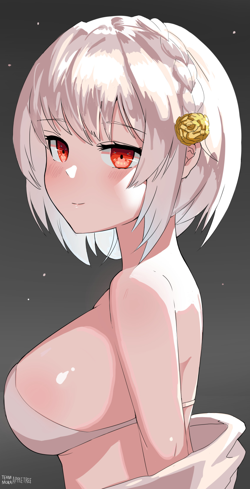 1girl absurdres artist_name azur_lane bangs bare_shoulders bikini blush braid breasts closed_mouth eyebrows_visible_through_hair flower from_side hair_flower hair_ornament highres large_breasts looking_at_viewer looking_to_the_side off_shoulder red_eyes short_hair sideboob silver_hair sirius_(azur_lane) smile solo swimsuit team_moka upper_body white_bikini yellow_flower