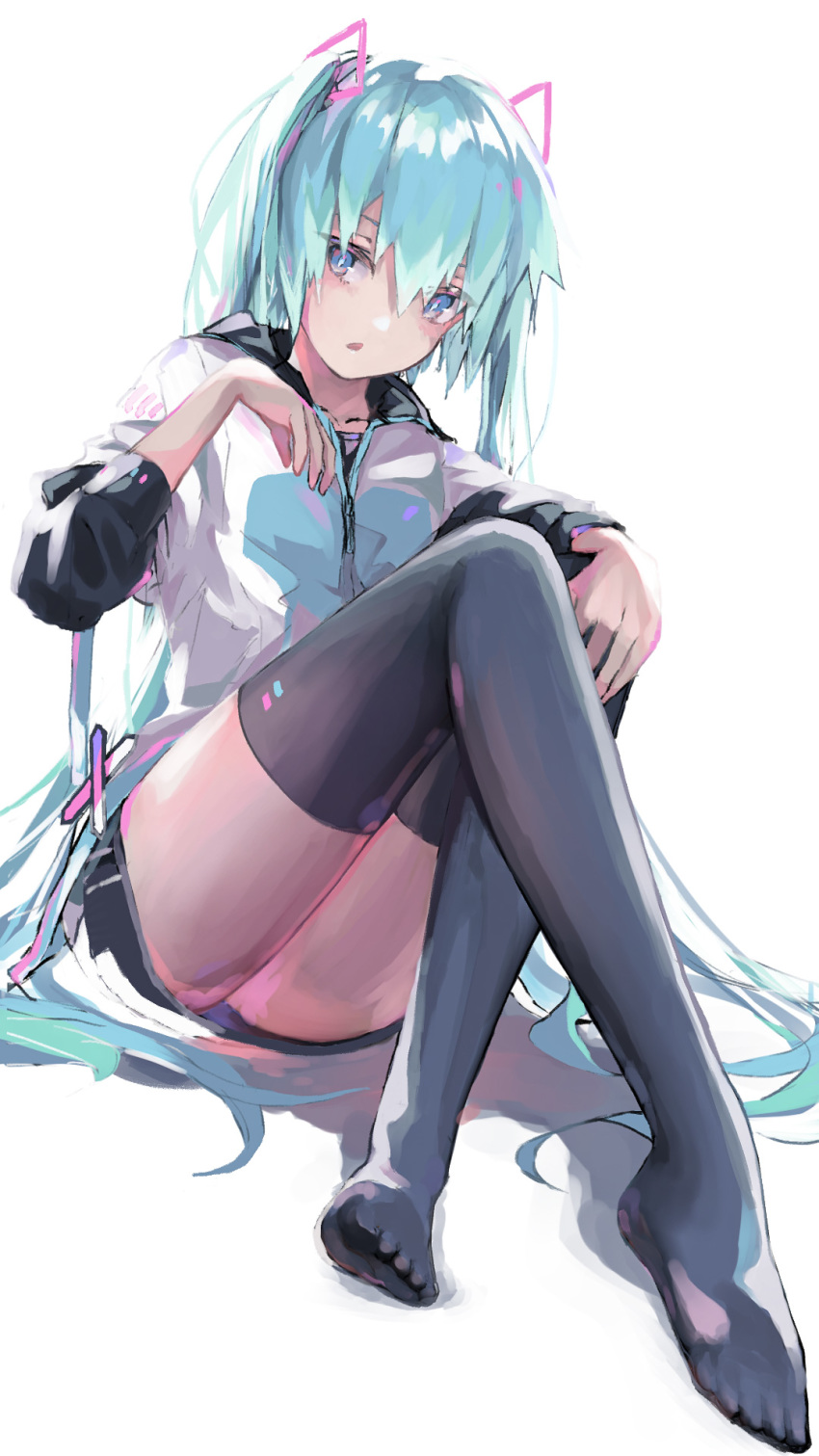 1girl azarasi_haru bangs black_legwear black_skirt black_sleeves blue_eyes blue_hair collarbone hair_between_eyes hair_ornament hand_on_own_knee hatsune_miku highres jacket long_hair long_sleeves looking_at_viewer miniskirt open_mouth shiny shiny_hair simple_background sitting skirt thigh-highs twintails very_long_hair vocaloid white_background white_jacket zettai_ryouiki