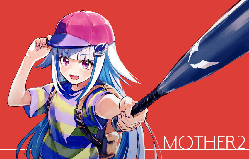 1girl arms_up backpack bag bangs baseball_bat baseball_cap blunt_bangs blush copyright_name cosplay hand_on_headwear hat highres lize_helesta long_hair mother_(game) mother_2 ness ness_(cosplay) nijisanji outstretched_arm red_background red_headwear sakino_shingetsu shirt short_sleeves sidelocks silver_hair simple_background solo straight_hair striped striped_shirt two-tone_shirt upper_body very_long_hair violet_eyes virtual_youtuber