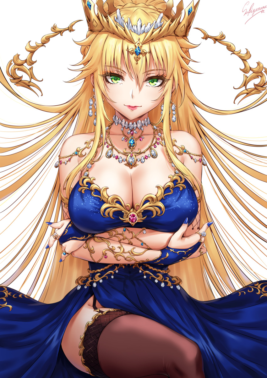 1girl artoria_pendragon_(all) artoria_pendragon_(lancer) bangs bare_shoulders black_legwear blonde_hair blue_dress blue_nails braid breasts commentary_request crown dress earrings eyebrows_visible_through_hair fate/grand_order fate_(series) gem green_eyes hair_ornament highres jewelry long_hair looking_at_viewer ribbon sakiyamama sitting smile solo thigh-highs very_long_hair white_background