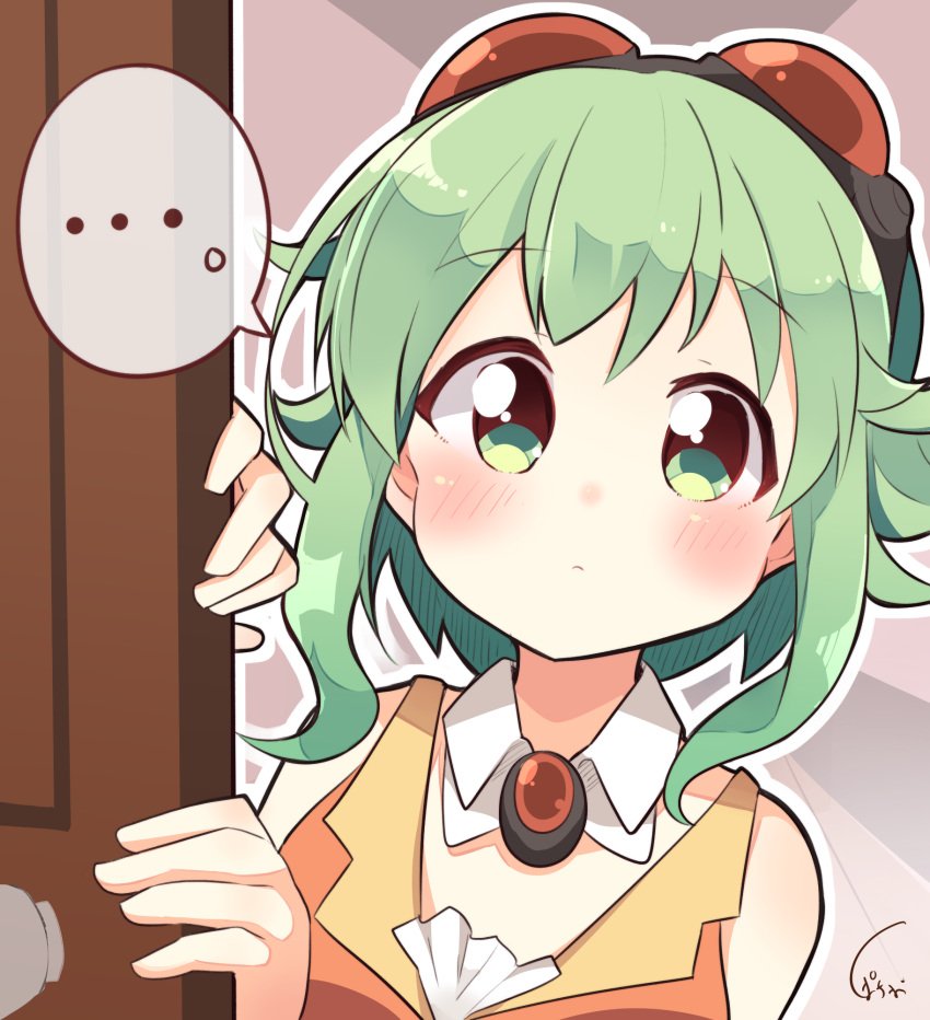 ... 1girl amulet bare_shoulders blush commentary_request detached_collar door doorknob goggles goggles_on_head green_eyes green_hair gumi highres orange_shirt pachio_(patioglass) peeking_out red_goggles shirt short_hair_with_long_locks sidelocks signature solo speech_bubble spoken_ellipsis upper_body vocaloid