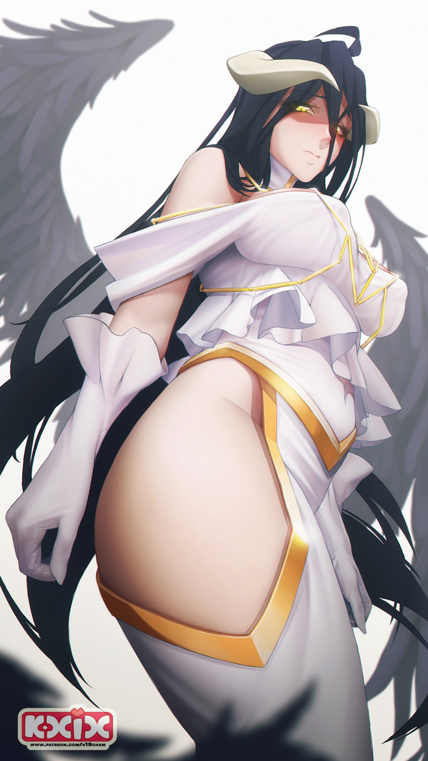 1girl ahoge albedo bare_shoulders black_feathers black_hair black_wings breasts closed_mouth covered_navel demon_girl demon_horns demon_wings english_commentary feathered_wings from_below gloves hair_between_eyes highres hip_vent horns k19 large_breasts long_hair looking_down low_wings overlord_(maruyama) slit_pupils very_long_hair white_gloves wings yellow_eyes