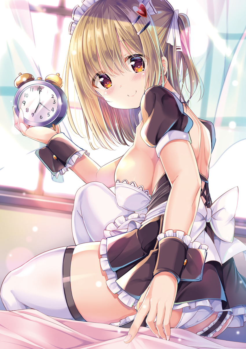 1girl alarm_clock apron ass back_bow bangs bed bed_sheet blonde_hair blush bow breasts brown_eyes clock closed_mouth covered_nipples curtains eyebrows_visible_through_hair garter_straps hair_ornament hair_ribbon hairclip heart heart_hair_ornament highres holding indoors kurou_(quadruple_zero) looking_at_viewer maid maid_apron maid_headdress medium_breasts on_bed original panties ribbon sideboob sitting sitting_on_bed smile solo thigh-highs thighs underwear white_legwear white_panties window wrist_cuffs