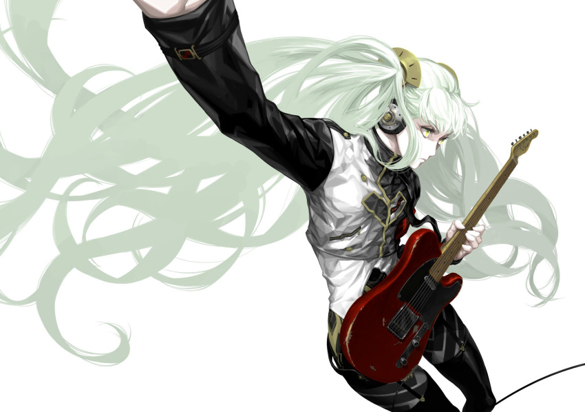 1girl agitation_(module) bangs black_legwear cable closed_mouth cowboy_shot cropped_jacket electric_guitar eyelashes flat_chest floating_hair green_hair guitar hair_ornament hatsune_miku headphones heart highres holding holding_instrument instrument jacket long_hair long_sleeves looking_away music nagimiso outstretched_arm pantyhose playing_instrument project_diva_(series) simple_background solo telecaster thigh-highs thigh_strap thighhighs_over_pantyhose twintails unhappy_refrain_(vocaloid) very_long_hair vocaloid white_background yellow_eyes zipper