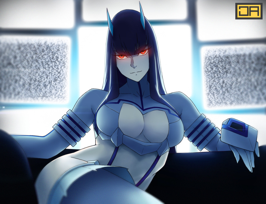 1girl bangs blunt_bangs blurry blurry_background bodysuit breasts closed_mouth contrapposto couch depth_of_field gloves glowing glowing_eyes head_tilt hime_cut horns j_adsen junketsu kill_la_kill kiryuuin_satsuki large_breasts limited_palette long_hair looking_at_viewer red_eyes ringed_eyes sitting smile solo static