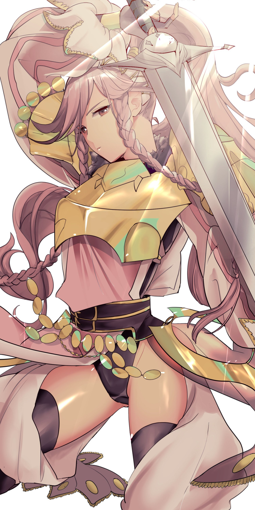 1girl absurdres black_legwear braid breastplate closed_mouth fingerless_gloves fire_emblem fire_emblem_awakening fire_emblem_heroes gloves highres holding holding_sword holding_weapon long_hair olivia_(fire_emblem) pink_eyes pink_hair ponytail simple_background solo sou_mei sword thigh-highs twin_braids weapon white_background