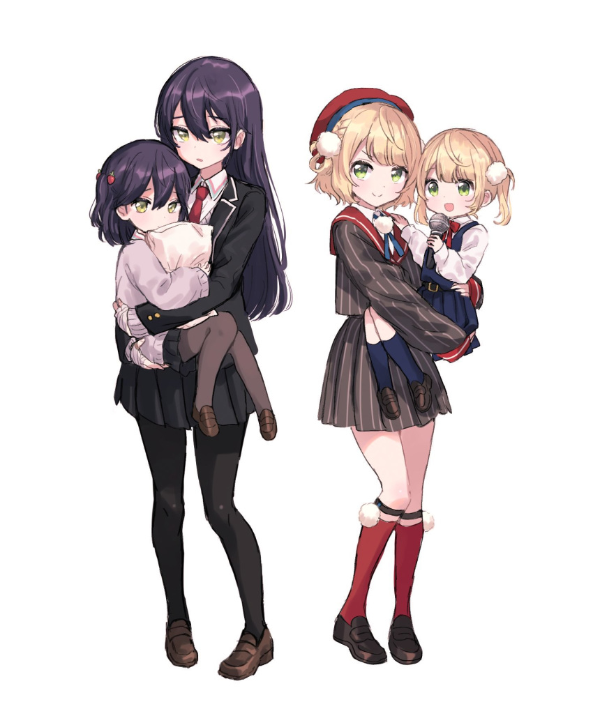4girls bangs beret black_hair black_jacket black_legwear black_skirt blonde_hair blue_legwear blue_skirt brown_footwear child commentary_request dual_persona embarrassed genderswap genderswap_(mtf) hair_between_eyes hat highres holding holding_another holding_microphone holding_pillow jacket kenmochi_touya loafers long_hair looking_at_viewer mahinapeeea microphone multiple_girls necktie nijisanji open_mouth pantyhose pillow pleated_skirt red_legwear red_neckwear sailor_collar shigure_ui_(channel) shigure_ui_(vtuber) shoes short_hair short_twintails simple_background skirt smile socks twintails white_background