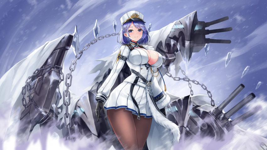 1girl azur_lane belt black_belt black_gloves black_legwear blue_eyes blue_hair blush breasts chain chapayev_(azur_lane) closed_mouth eyebrows_visible_through_hair gloves hair_ornament hairclip hat highres ice jacket large_breasts long_sleeves looking_at_viewer machinery military_hat omgamilla pantyhose peaked_cap pleated_skirt short_hair skirt smile snowing turret white_headwear white_jacket white_skirt