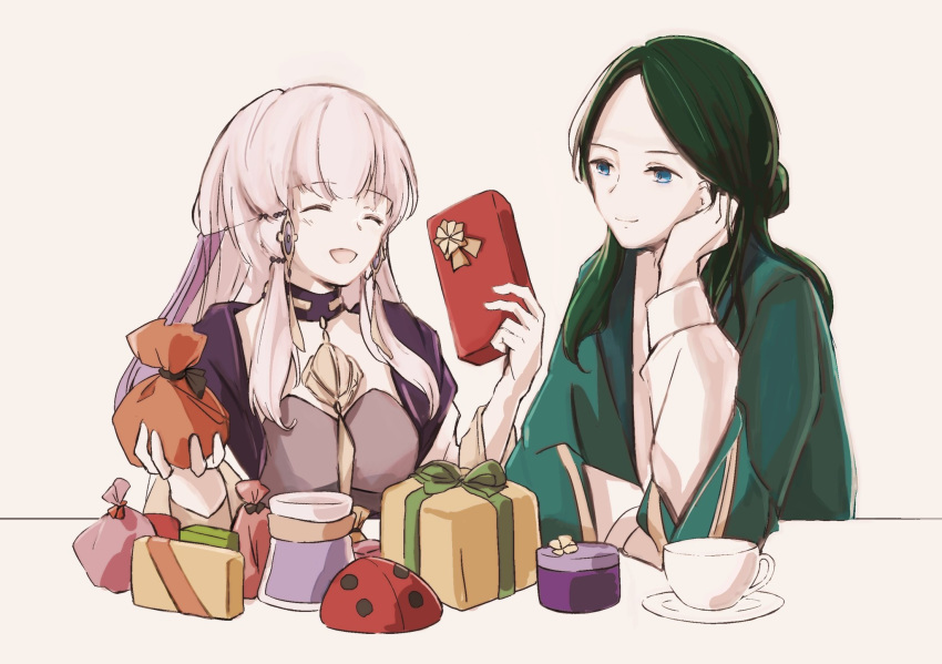 1boy 1girl airisuotog bangs blue_eyes chin_rest closed_eyes closed_mouth commentary_request cup dress eyebrows_visible_through_hair fire_emblem fire_emblem:_three_houses gift green_dress green_hair happy highres hime_cut holding holding_gift linhardt_von_hevring long_hair lysithea_von_ordelia open_mouth parted_bangs simple_background teacup