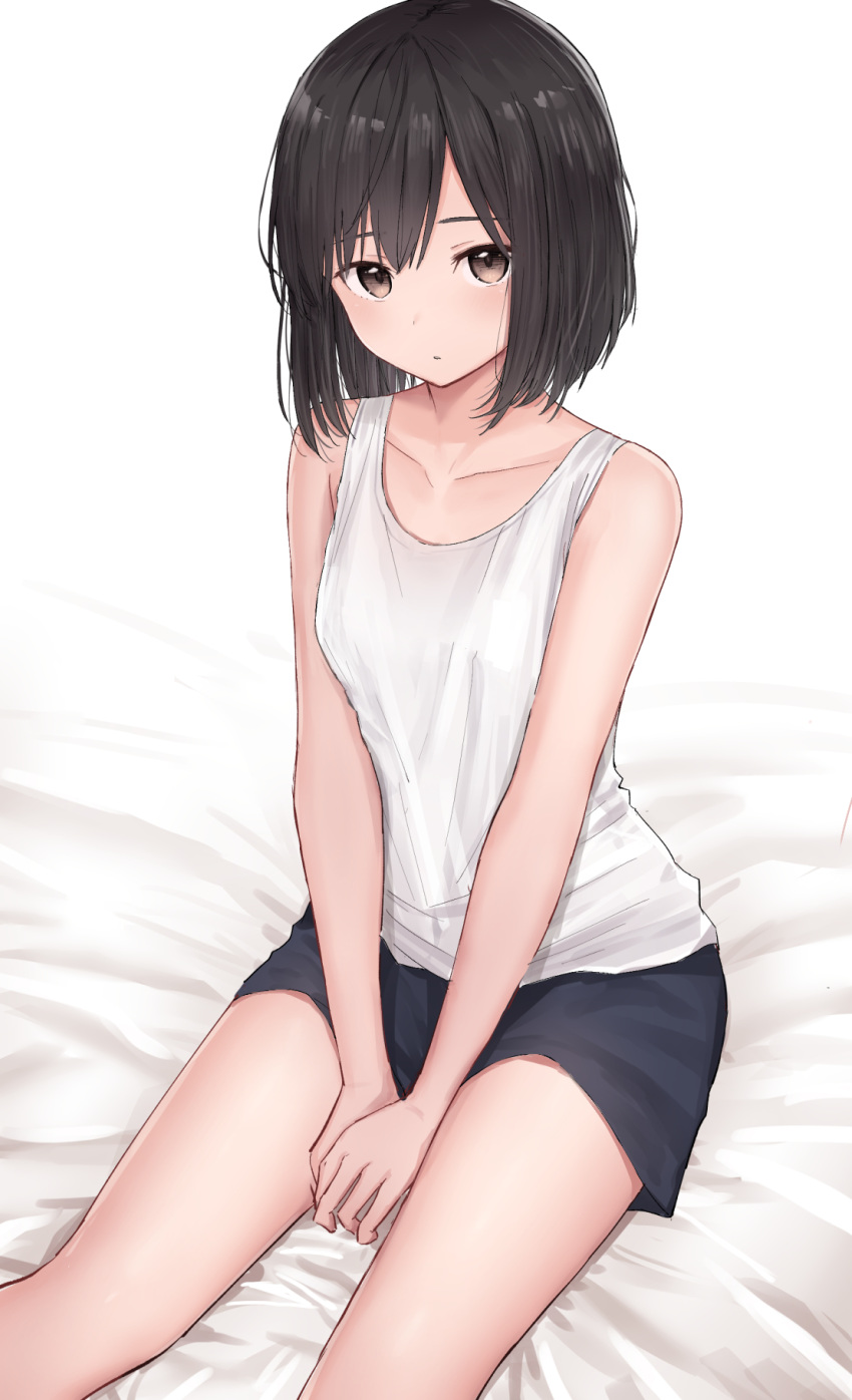 1girl bangs bare_arms bare_shoulders bed_sheet between_legs black_shorts bob_cut breasts brown_hair collarbone commentary_request highres looking_at_viewer original shirt short_hair short_shorts shorts simple_background sitting sleeveless sleeveless_shirt small_breasts solo tank_top thighs v_arms white_background white_shirt white_tank_top zuima