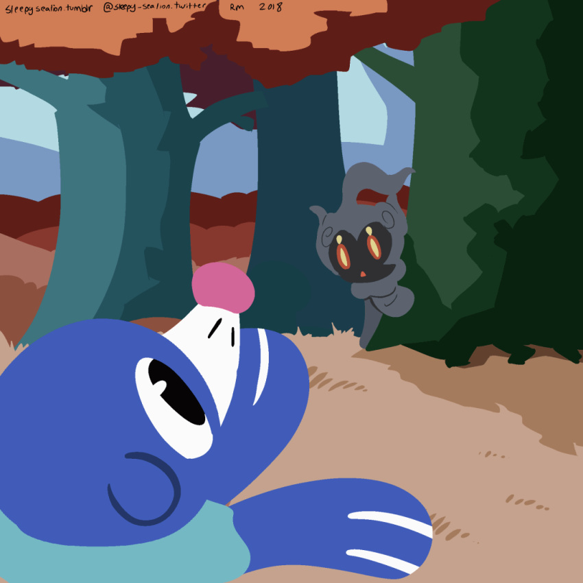 2018 animated animated_gif black_eyes brown_eyes commentary creature english_commentary eye_contact gen_7_pokemon looking_at_another marshadow marshadow_(gloom) no_humans outdoors pokemon pokemon_(creature) popplio tree watermark web_address