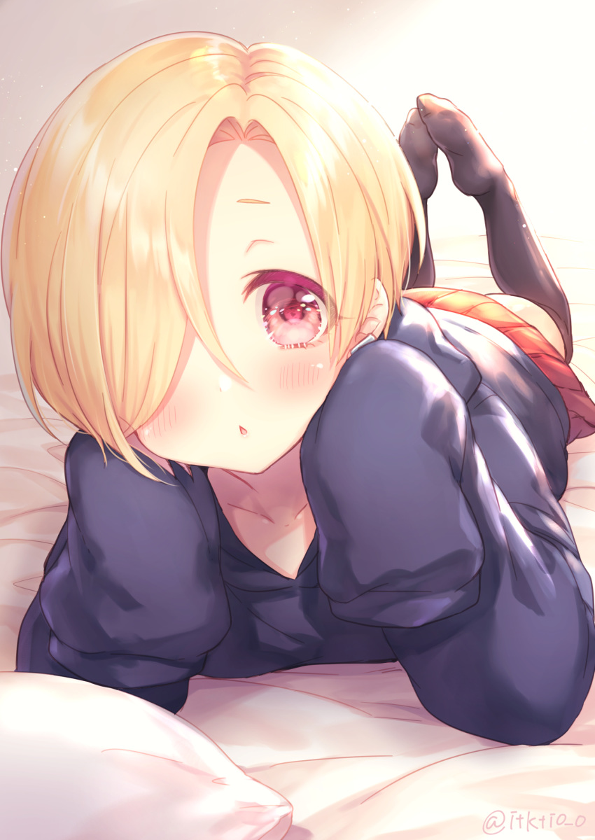 1girl :o black_legwear black_sweater blonde_hair blush earrings foreshortening hair_over_one_eye highres idolmaster idolmaster_cinderella_girls itsuki_jun jewelry looking_at_viewer lying miniskirt on_stomach pleated_skirt red_eyes red_skirt shirasaka_koume short_hair skirt sleeves_past_fingers sleeves_past_wrists solo sweater thigh-highs twitter_username