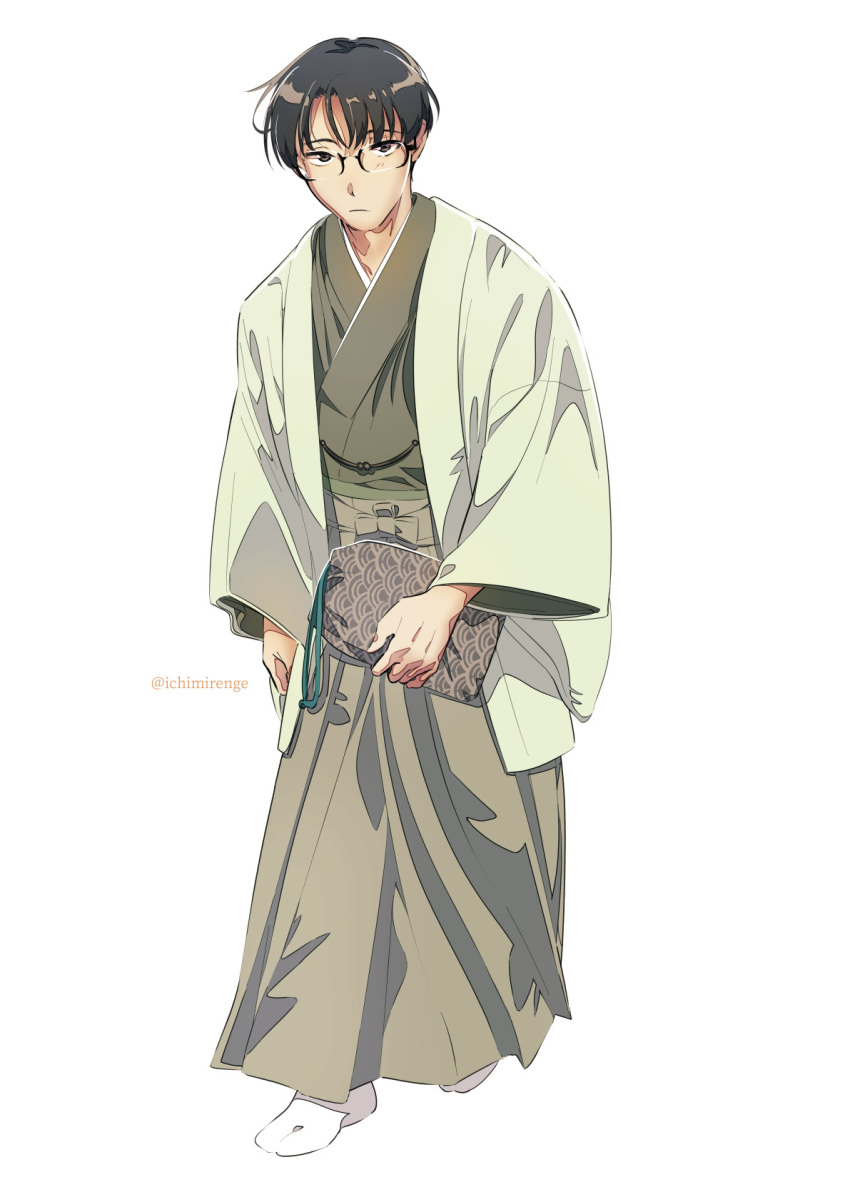 1boy artist_name black_hair full_body glasses green_kimono highres ichimirenge japanese_clothes kimono long_sleeves looking_at_viewer male_focus original seigaiha simple_background solo standing twitter_username walking white_background wide_sleeves
