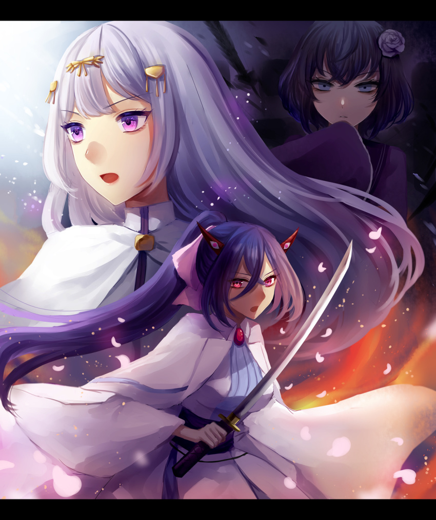 3girls :o black_hair blue_eyes brooch flower hair_flower hair_ornament hairclip highres holding holding_sword holding_weapon horns jewelry multiple_girls pixiv_fantasia pixiv_fantasia_age_of_starlight ponytail princess_siran purple_empress_ranrei red_eyes sae_(091688) short_hair silver_hair standing sword violet_eyes weapon wide_sleeves