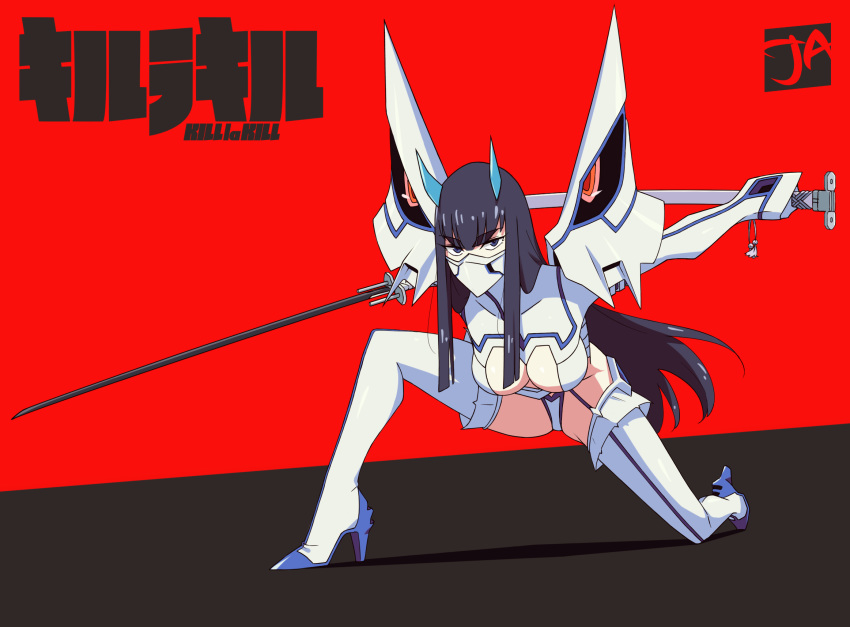1girl black_eyes black_hair bodysuit boots breasts copyright_name covered_mouth eyebrows_visible_through_hair gloves high_heel_boots high_heels highres hime_cut holding holding_sword holding_weapon horns j_adsen junketsu kill_la_kill kiryuuin_satsuki large_breasts long_hair looking_at_viewer mask mouth_mask one_knee red_background revealing_clothes scabbard sheath signature simple_background solo sword thick_eyebrows thigh-highs thigh_boots unsheathed very_long_hair weapon white_gloves