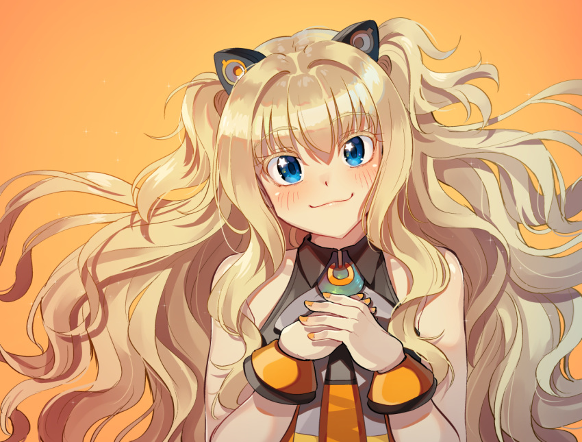 1girl animal_ears bare_shoulders blonde_hair blue_eyes blush cat_ears hands_on_own_chest hands_together kamille_(vcx68) long_hair looking_at_viewer nail_polish necktie orange_background orange_nails seeu shirt simple_background sleeveless sleeveless_shirt smile speaker very_long_hair vocaloid wrist_cuffs