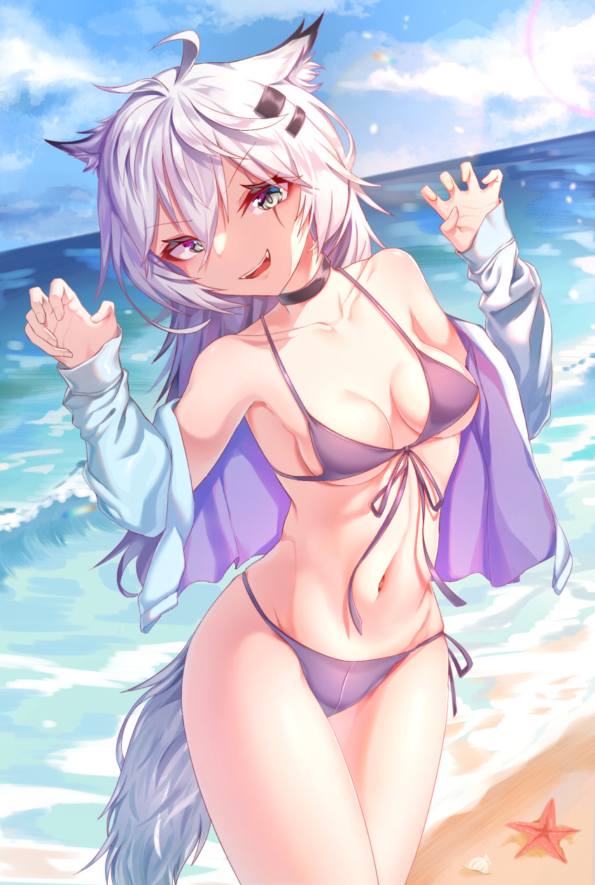 1girl :d absurdres animal_ears arknights bangs bare_shoulders beach bikini black_choker blue_sky breasts choker claw_pose clouds commentary_request cowboy_shot day dongkas eyebrows_visible_through_hair front-tie_bikini front-tie_top grey_bikini grey_eyes groin hair_between_eyes hair_ornament hairclip hands_up highres jacket korean_commentary lappland_(arknights) long_hair looking_at_viewer medium_breasts navel ocean off_shoulder open_clothes open_jacket open_mouth outdoors scar scar_across_eye silver_hair sky smile solo standing starfish stomach swimsuit tail thighs v-shaped_eyebrows wolf_ears wolf_tail