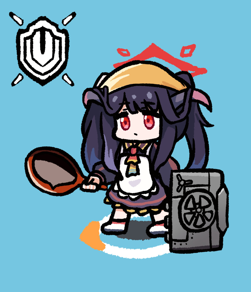 1girl apron arknights ascot blue_archive blue_background chibi closed_mouth crossover demon_girl demon_horns dress frying_pan fuuka_(blue_archive) hair_on_horn head_scarf highres holding holding_frying_pan horns long_sleeves orange_headwear panatisia puffy_long_sleeves puffy_sleeves purple_hair red_eyes shield simple_background solo standing white_apron