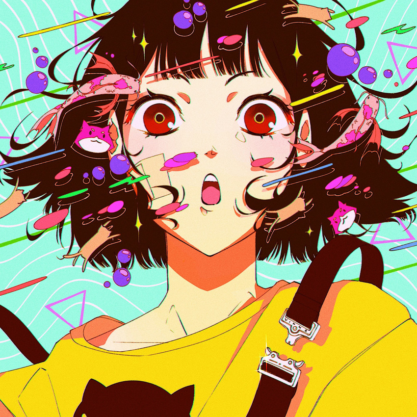 1girl bangs birthday_wonderland blunt_bangs bubble cat fish floating highres looking_at_viewer open_mouth red_eyes shadow shirt short_hair solo sparkle triangle upper_body vinne yellow_shirt