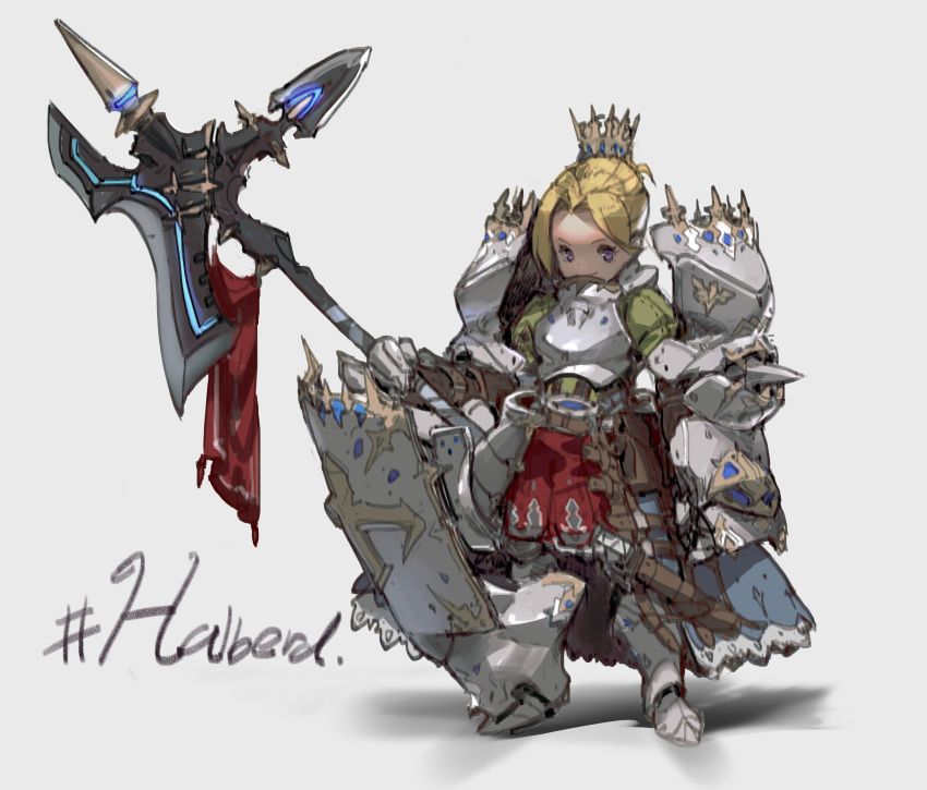 1girl absurdres armor bangs blonde_hair boots breastplate crown dot_nose english_text faulds full_armor full_body gauntlets greaves grey_background halberd hashtag highres holding holding_weapon looking_at_viewer nogchasaeg_(karon2848) original parted_bangs pauldrons plume polearm shield short_hair simple_background sketch smile solo standing violet_eyes weapon white_background