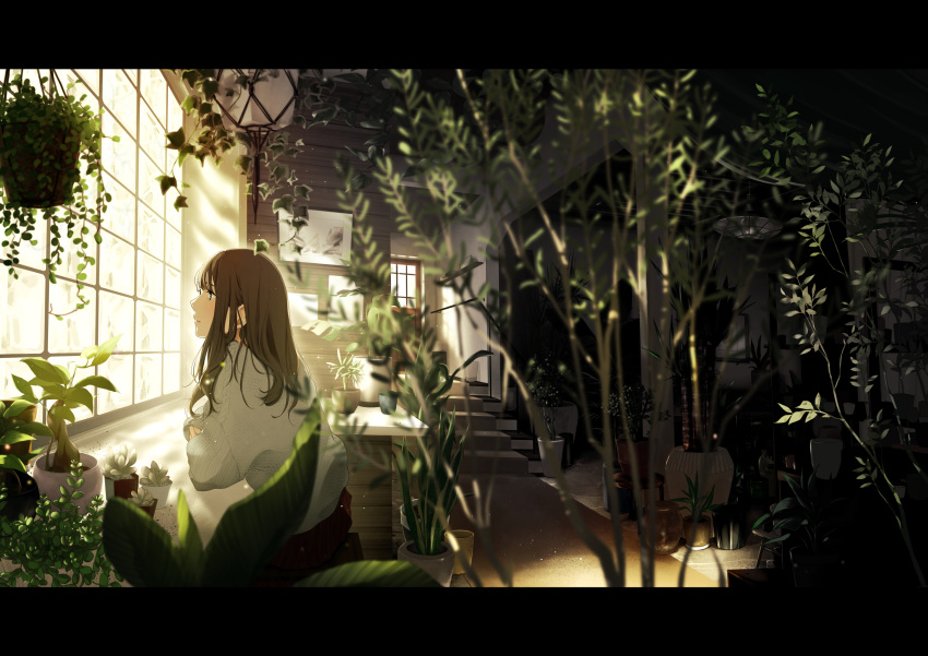 1girl baggy_clothes blurry blush brown_eyes brown_hair closed_mouth day depth_of_field door dust_particles from_side hanging_plant highres indoors letterboxed long_hair long_sleeves looking_away looking_out_window maeda_mic original picture_(object) plant potted_plant profile scenery sitting sleeves_past_wrists solo stairs sunlight sweater table white_sweater window