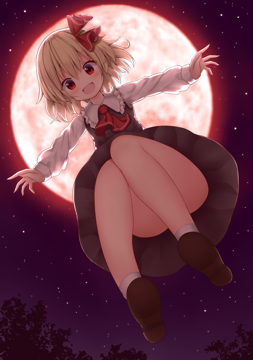 1girl :d absurdres bare_legs black_dress blonde_hair blush commentary_request convenient_leg dress fang from_below full_body full_moon hair_between_eyes hair_ribbon happy highres knees_together_feet_apart legs looking_at_viewer medium_hair midair moon night night_sky open_mouth outdoors outstretched_arms red_eyes red_moon red_neckwear red_ribbon ribbon rumia shirt sky smile solo star_(sky) starry_sky suigetsu_(watermoon-910) thighs touhou upskirt white_shirt