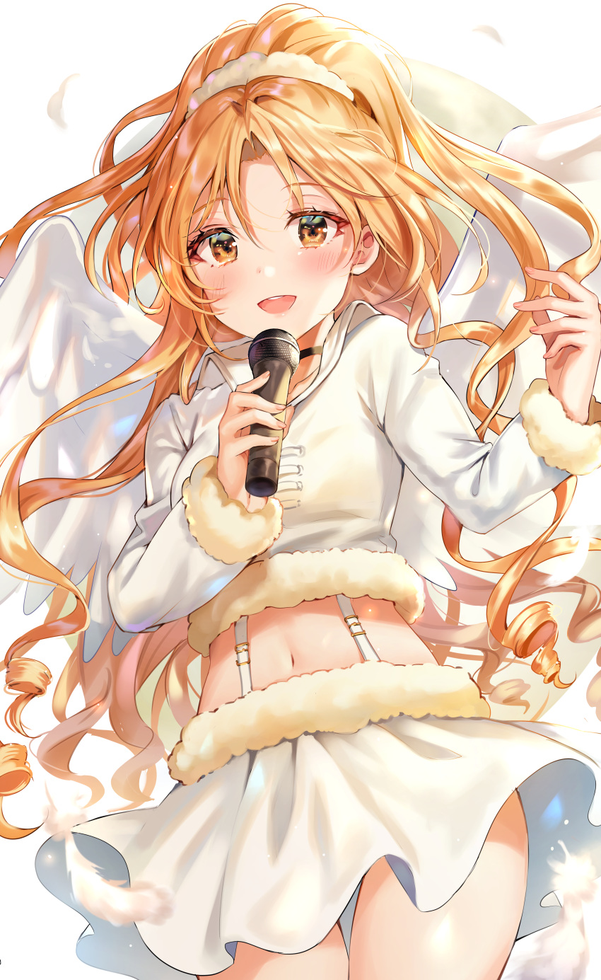 1girl absurdres angel_wings blonde_hair choker collared_shirt commentary_request cowboy_shot crop_top curly_hair feathers full_moon_(full_moon_wo_sagashite) full_moon_wo_sagashite garter_straps highres holding holding_microphone long_hair long_sleeves looking_at_viewer microphone midriff miniskirt open_mouth orange_eyes ponytail shirt skirt smile solo tokkyu wavy_hair white_shirt white_skirt wings