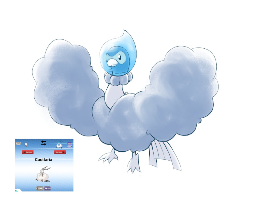 altaria artsy-rc castform commentary english_commentary full_body fusion gen_3_pokemon highres no_humans pokemon pokemon_(creature) simple_background spread_wings white_background