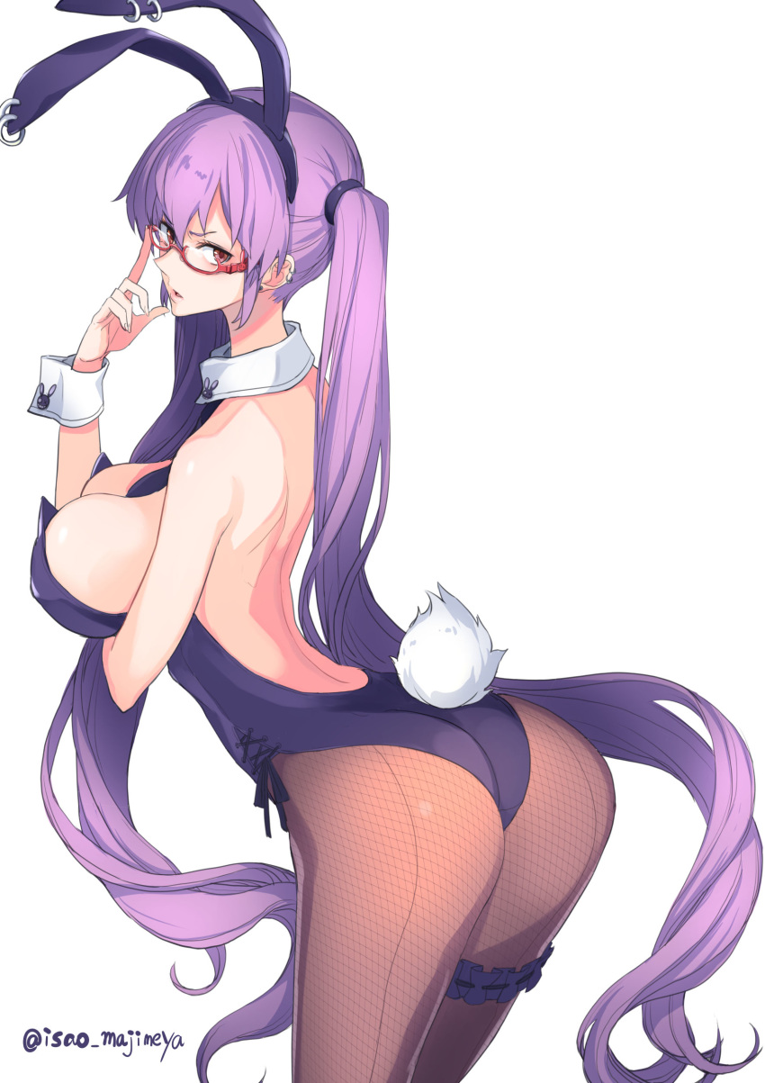 1girl absurdres animal_ears ass back bangs between_breasts breasts bunny_tail bunnysuit detached_collar fishnet_legwear fishnets highres isao long_hair looking_at_viewer necktie necktie_between_breasts original pantyhose parted_lips purple_hair rabbit_ears red_eyes simple_background solo tail thigh_strap twintails very_long_hair white_background wrist_cuffs