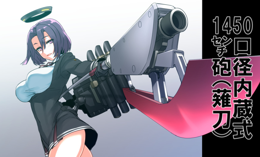 1girl bangs black_gloves blush breasts dress eyebrows_visible_through_hair foreshortening glaive gloves hair_between_eyes holding holding_weapon kantai_collection large_breasts long_sleeves mechanical_halo medium_hair neck_ribbon open_mouth polearm purple_hair ribbon rigging solo tatsuta_(kantai_collection) translation_request tsukinami_kousuke violet_eyes weapon