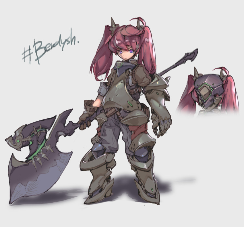 1girl absurdres breastplate brown_gloves closed_mouth english_text gauntlets gloves grey_background grey_pants hashtag helmet highres holding holding_weapon long_hair looking_at_viewer metal_boots nogchasaeg_(karon2848) original pants poleaxe redhead simple_background single_gauntlet solo standing twintails violet_eyes weapon