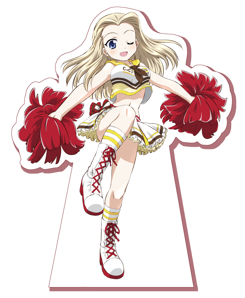 1girl ;d absurdres alternate_costume black_neckwear boots cheerleader clara_(girls_und_panzer) cloth coco's commentary_request cross-laced_footwear double_horizontal_stripe frilled_skirt frills full_body girls_und_panzer highres holding_pom_poms inoue_kouji lace-up_boots leg_up logo looking_at_viewer midriff miniskirt navel neckerchief one_eye_closed open_mouth outline pleated_skirt pom_poms sailor_collar shirt skirt sleeveless sleeveless_shirt smile socks solo standing standing_on_one_leg white_background white_footwear white_legwear white_shirt white_skirt