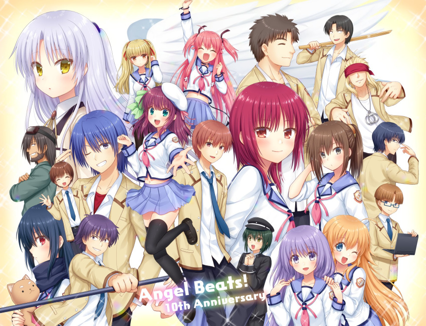 6+boys 6+girls angel_beats! angel_wings anniversary black_hair blazer blindfold blonde_hair blue_skirt bokken brown_hair char_(angel_beats!) closed_eyes commentary_request computer cowboy_shot demon_tail everyone fang fujimaki_(angel_beats!) full_body green_hair highres hinata_(angel_beats!) hisako_(angel_beats!) irie_(angel_beats!) iwasawa jacket jumpsuit laptop long_hair looking_at_viewer matsushita multiple_boys multiple_girls nakamura_hinato naoi_ayato neckerchief necktie noda_(angel_beats!) ooyama_(angel_beats!) otonashi_(angel_beats!) parted_lips pink_hair pink_neckwear pleated_skirt polearm purple_hair redhead saitou_(angel_beats!) school_uniform sekine serafuku shiina_(angel_beats!) shinda_sekai_sensen_uniform short_hair silver_hair skirt stuffed_animal stuffed_cat stuffed_toy sword tail takamatsu takeyama_(angel_beats!) tachibana_kanade thigh-highs tk_(angel_beats!) weapon wings wooden_sword yui_(angel_beats!) yuri_(angel_beats!) yusa_(angel_beats!)