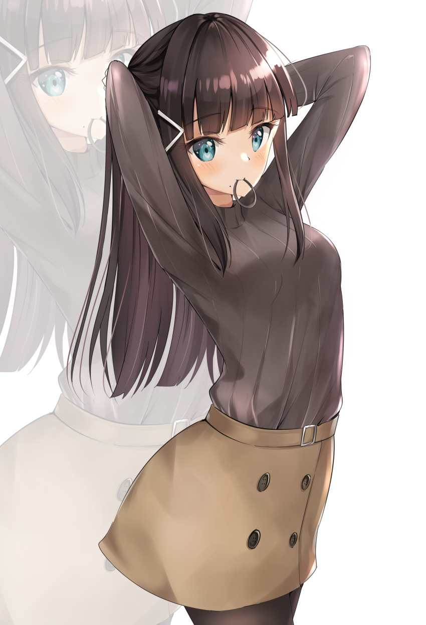 1girl absurdres adjusting_hair arms_behind_head bangs black_legwear black_sweater blunt_bangs brown_skirt hair_ornament highres kurosawa_dia long_sleeves looking_at_viewer love_live! love_live!_sunshine!! mole mole_under_mouth mouth_hold pantyhose simple_background sin_(sin52y) skirt smile solo sweater white_background zoom_layer