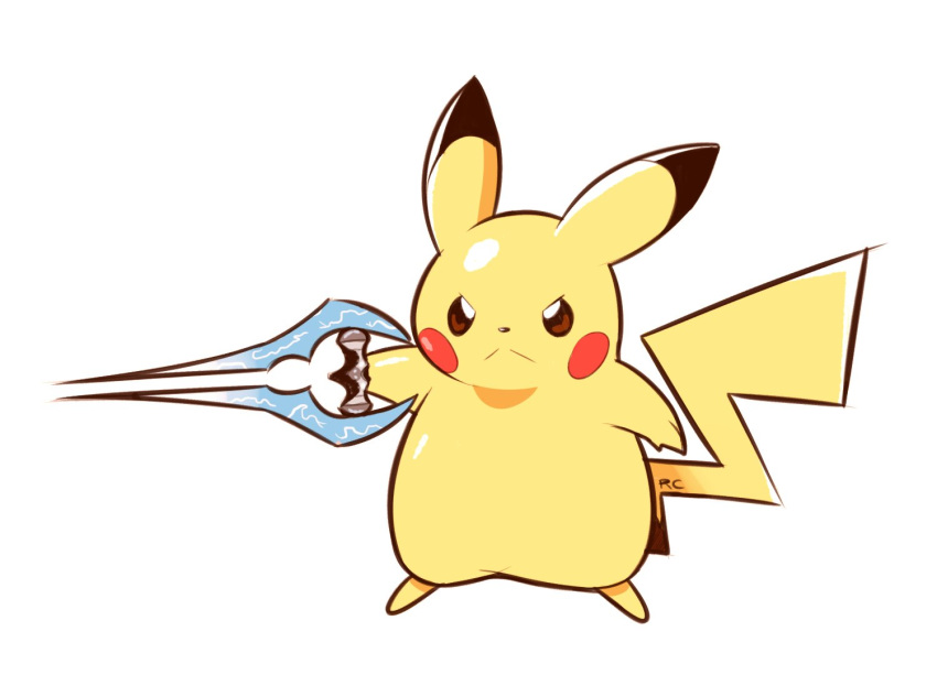 :&lt; artsy-rc commentary english_commentary frown full_body gen_1_pokemon halo_(game) holding holding_weapon no_humans pikachu pokemon pokemon_(creature) signature simple_background solo type-1_energy_sword weapon white_background