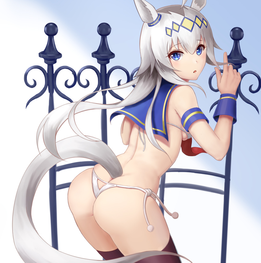 1girl ahoge animal_ears ass bangs bare_shoulders bikini blue_eyes blue_sailor_collar blush breasts brown_legwear commentary_request eyebrows_visible_through_hair from_behind grey_hair hair_between_eyes hand_up highres horse_ears horse_girl horse_tail index_finger_raised long_hair looking_at_viewer looking_back medium_breasts multicolored_hair oguri_cap_(umamusume) parted_lips sailor_collar side-tie_bikini solo swimsuit tail taka_(takahirokun) thigh-highs two-tone_hair umamusume very_long_hair white_bikini wrist_cuffs