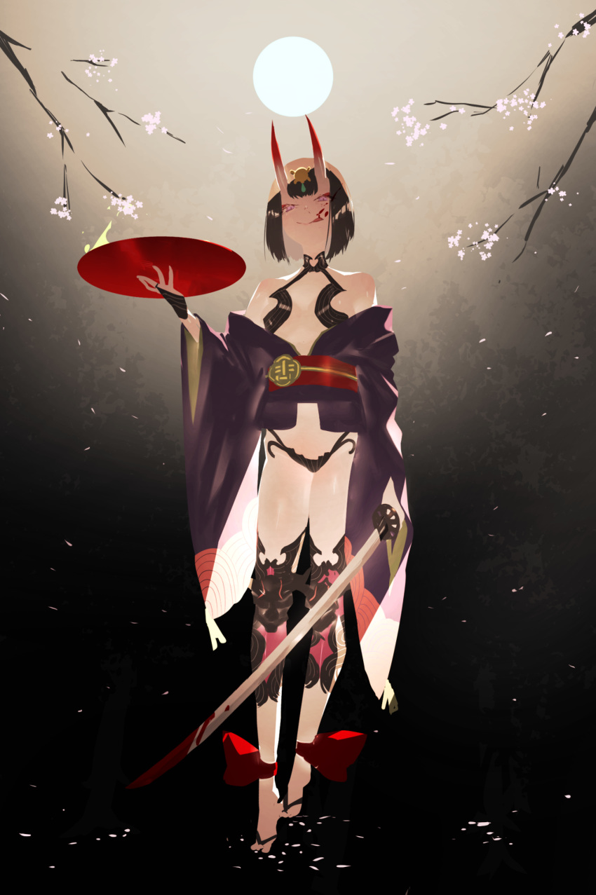 1girl ankle_ribbon bare_shoulders black_hair blood blood_on_face bloody_weapon bob_cut breasts cherry_blossoms closed_mouth cup falling_petals fate/grand_order fate_(series) full_body full_moon headpiece highres holding holding_sword holding_weapon horns japanese_clothes katana kimono kuronoiparoma licking_lips looking_at_viewer moon obi obijime off_shoulder oni_horns open_clothes open_kimono petals purple_kimono revealing_clothes ribbon sakazuki sash short_hair short_kimono shuten_douji_(fate/grand_order) skin-covered_horns small_breasts smile solo standing sword tongue tongue_out violet_eyes weapon
