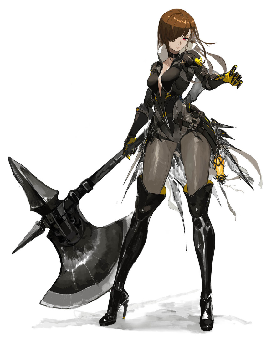 1girl axe bamuth bangs black_choker black_footwear bodysuit boots breasts brown_hair choker closed_mouth commentary english_commentary full_body gloves grey_bodysuit hair_over_one_eye high_heel_boots high_heels highres holding holding_weapon huge_weapon jpeg_artifacts long_hair looking_at_viewer makeup mascara medium_breasts original partially_unzipped red_eyes simple_background smile solo standing swept_bangs thigh-highs thigh_boots weapon white_background yellow_gloves
