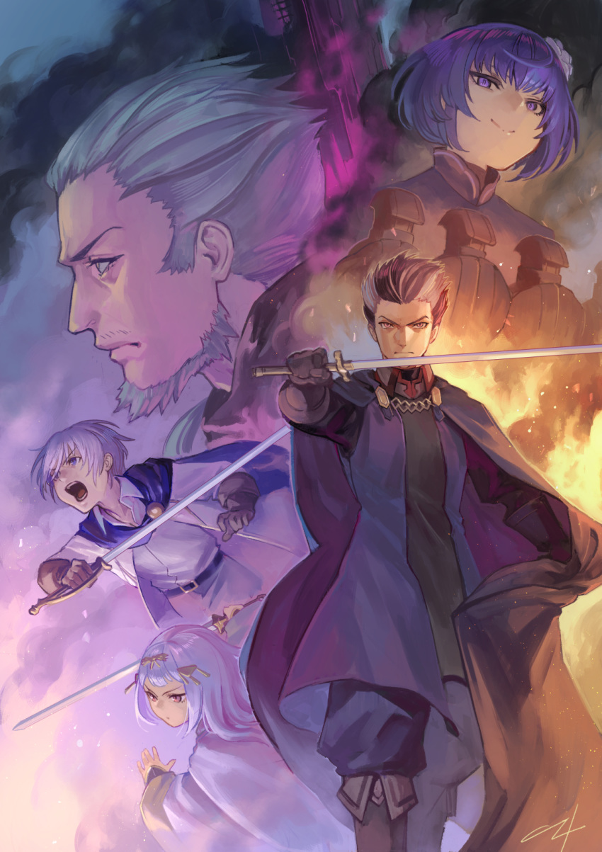 2girls 3boys aureolin31 belt black_hair blue_cape boots cape grey_hair highres holding holding_sword holding_weapon itinerant_king_sebaster multicolored_hair multiple_boys multiple_girls pixiv_fantasia pixiv_fantasia_age_of_starlight princess_siran purple_empress_ranrei purple_hair rebellious_prince_gerald shouting signature smile standing sword two-tone_hair voyager_prince_kyle weapon