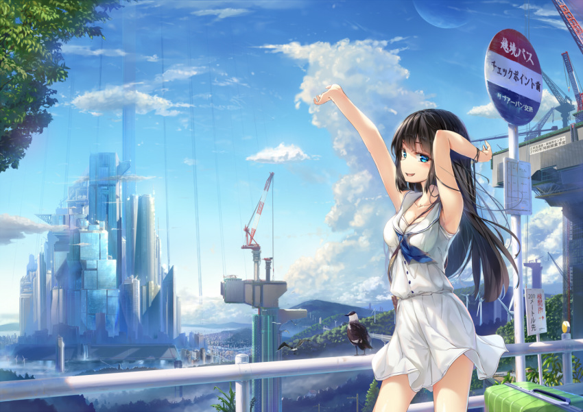 1girl armpits arms_up bare_shoulders bird black_hair blue_eyes blue_sky bracelet breasts building clouds cloudy_sky commentary_request construction day jewelry long_hair looking_at_viewer medium_breasts moon open_mouth original outdoors school_uniform seagull serafuku shirt sign skirt sky sleeveless sleeveless_shirt smile solo white_shirt white_skirt wingheart